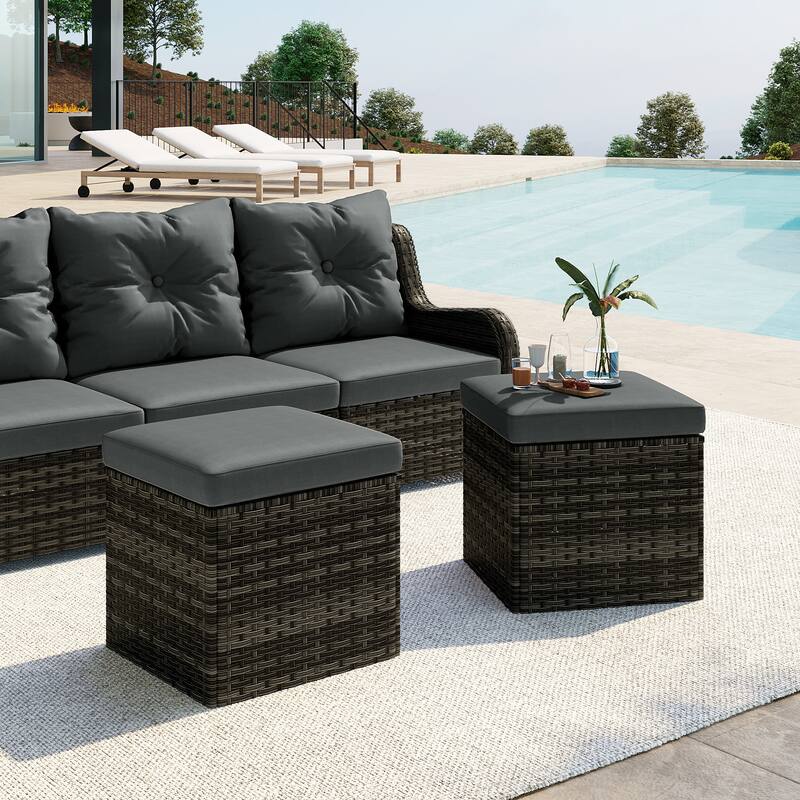 2 Set 17.7" W Outdoor Rattan Patio Square Ottoman with Cushion