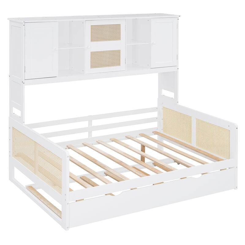 Wood Full Size Daybed with Built-In Storage Cabinet, Shelves & Twin Trundle, Rattan Accent, No Box Spring Needed
