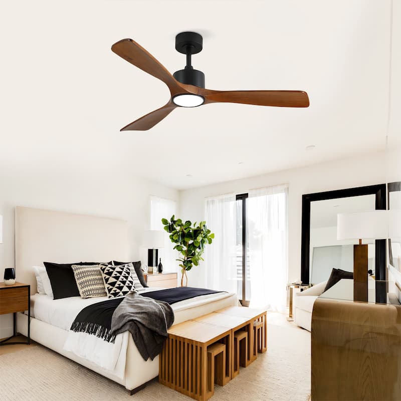 52 Inch 3 Rod Solid Wood Ceiling Fan With Light Kit Dimmable LED, DC 6 Speed ,Remote Control Ceiling Fan