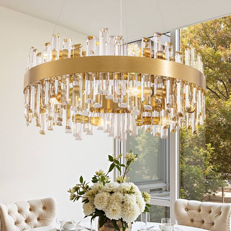 24 in. 2-Tier Modern Crystal Chandelier Brass Gold Round Crystal Raindrop Chandelier Contemporary Pendant Light for Dining Room - Modern Chandelier