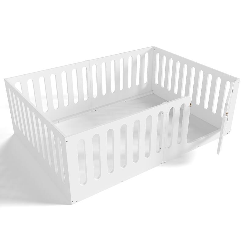 Toddlers Montessori Floor Bed with High Fence, Door, Low Profile Platform Bed Frame for Kids with No Box Spring Needed, No Slats