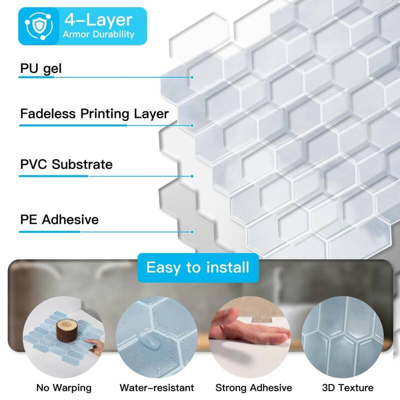 Art3d 10pcs Peel and Stick Backsplash Thickened Wall Tiles, 12''x12'', Cover 10 Sq.Ft.