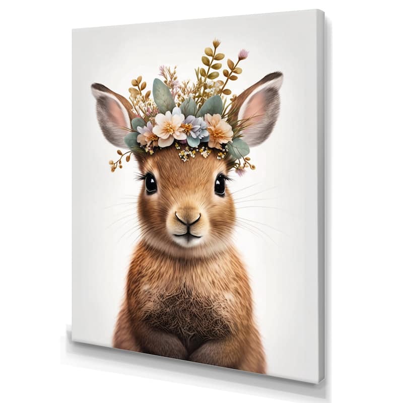 Designart 'Cute Baby Rabbit With Floral Crown I' Animals Canvas Wall Art