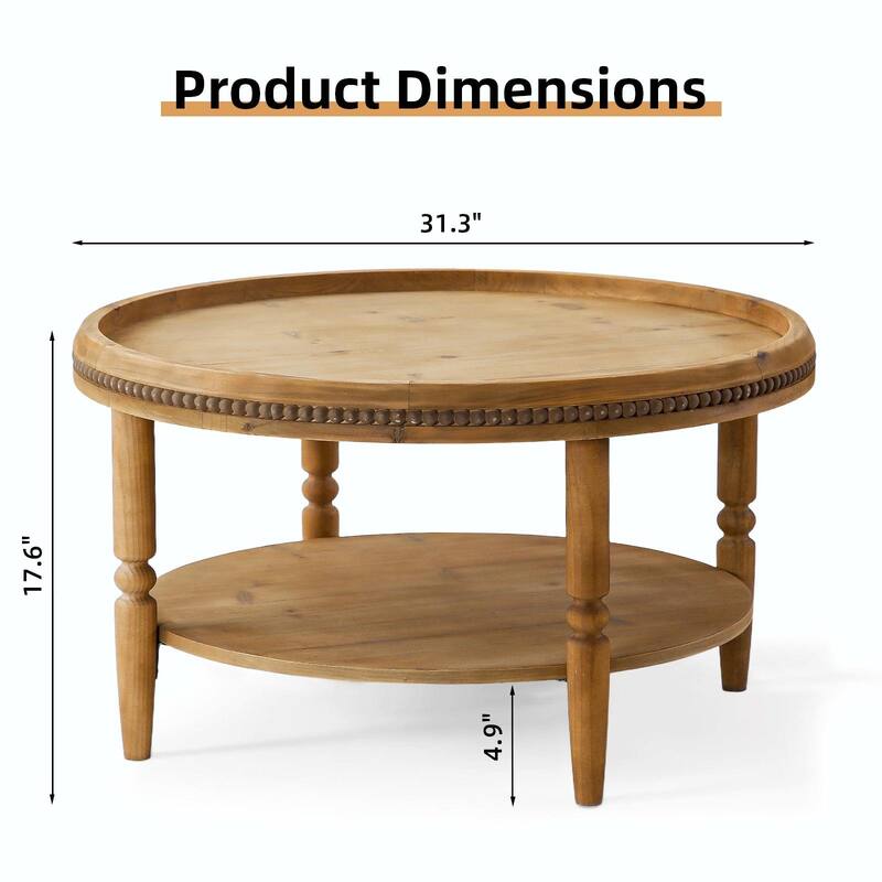 31.3" Round Boho Coffee Table with Storage Shelf