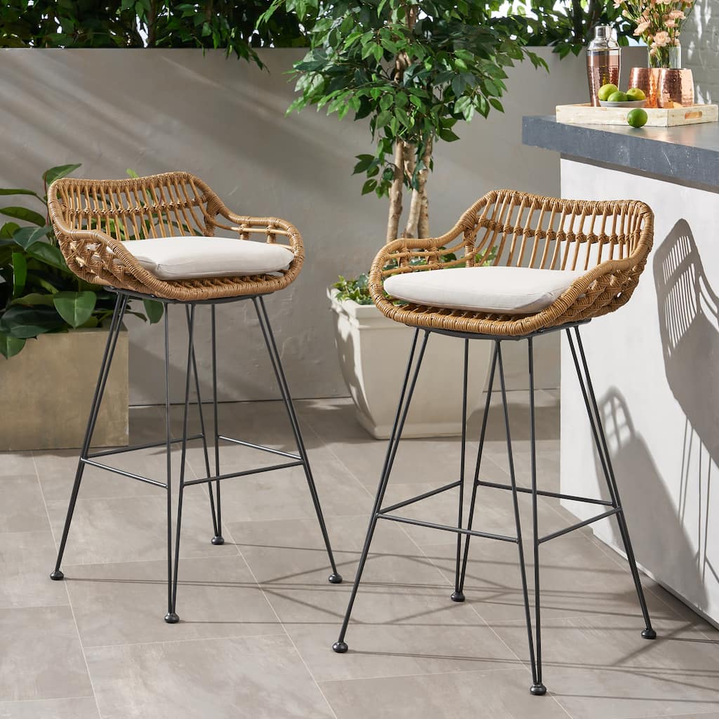 Roomfitters 2-Piece Outdoor Wicker Bar Stools, Rattan Patio High Dining Chairs with Cushions and Armrests for Balcony, Brown