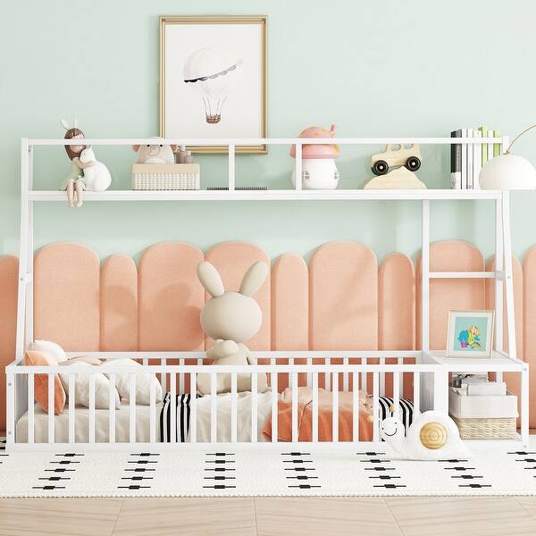 slide 2 of 18, Kids Playhouse Twin Size Floor Bed Metal Frame with Desk Off White