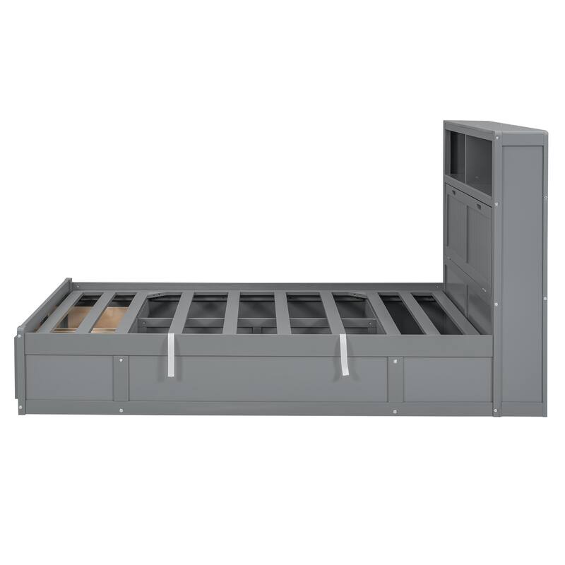 Wood QueenSize Hydraulic Platform Bed w/LED Headboard,Charging Station