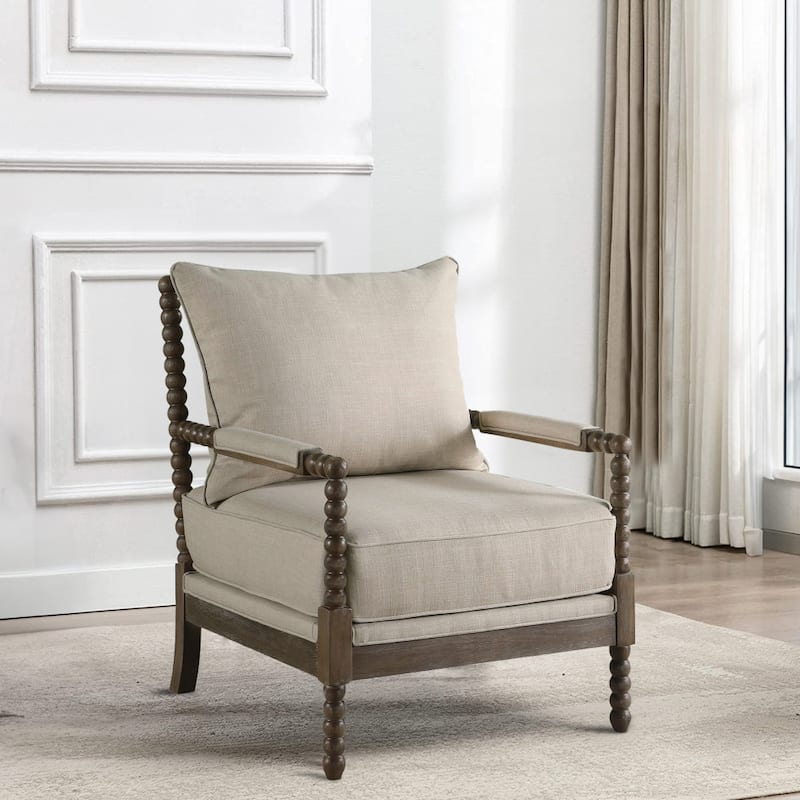 Cushioned Back Fabric Upholstered Spindle Accent Chair, Beige and Brown - N/A