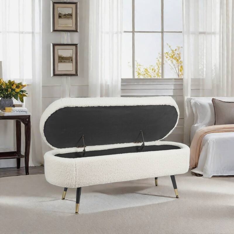 Maren Fully Padded Boucle Storage Bench Wood Stiletto Legs