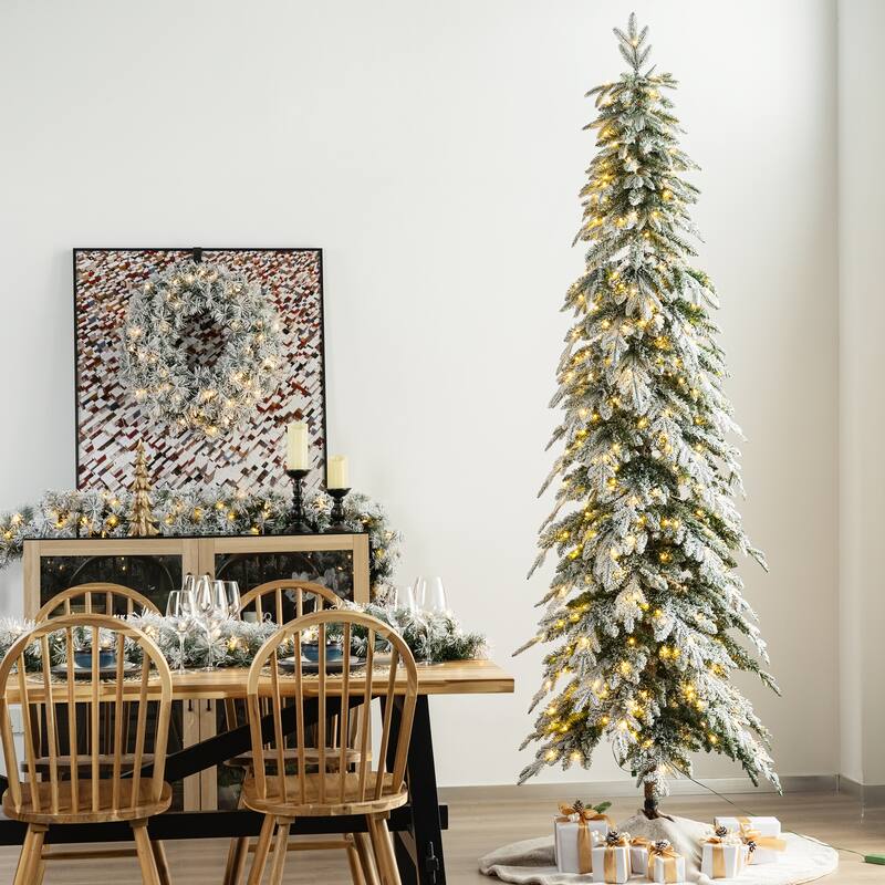 Glitzhome Pre-Lit Flocked Pencil Spruce Artificial Christmas Tree with Warm White Lights