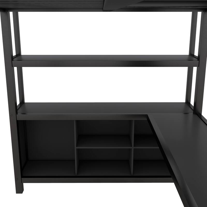 Black Full Size Metal Loft Bed with Wardrobe, L-shaped Desk, and Storage Cubes