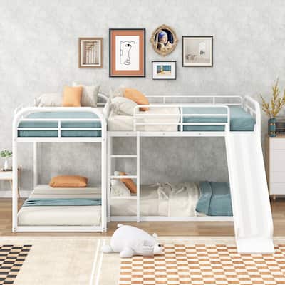 Full & Twin Size Low Bunk Beds for 4, Modern L-Shaped Metal Bunk Bed Frame with Slide, Short Ladder and Full Length Guardrails