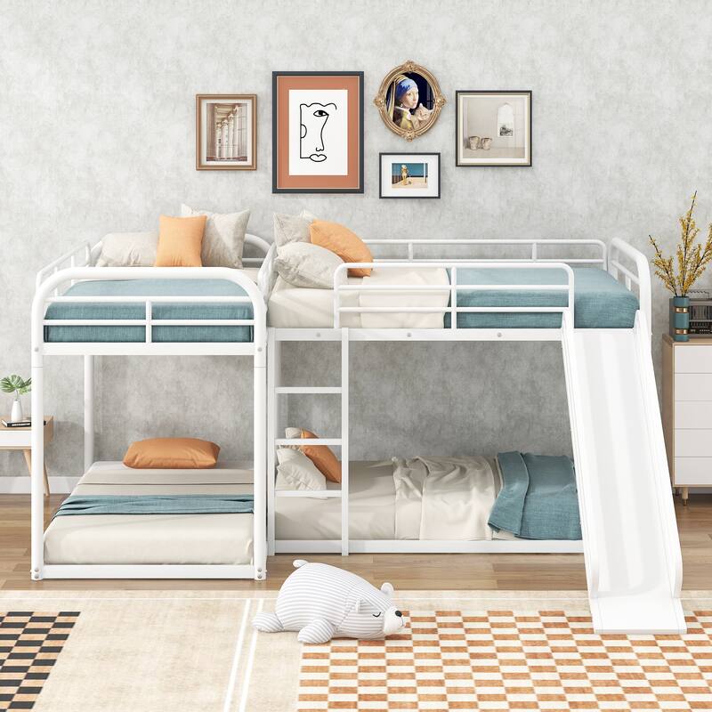 Full and Twin Size L-Shaped Bunk Bed with Slide & Ladder for 4 Kids