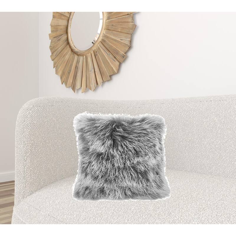 20" Grey Genuine Tibetan Lamb Fur Pillow With Microsuede Backing - Gray and White