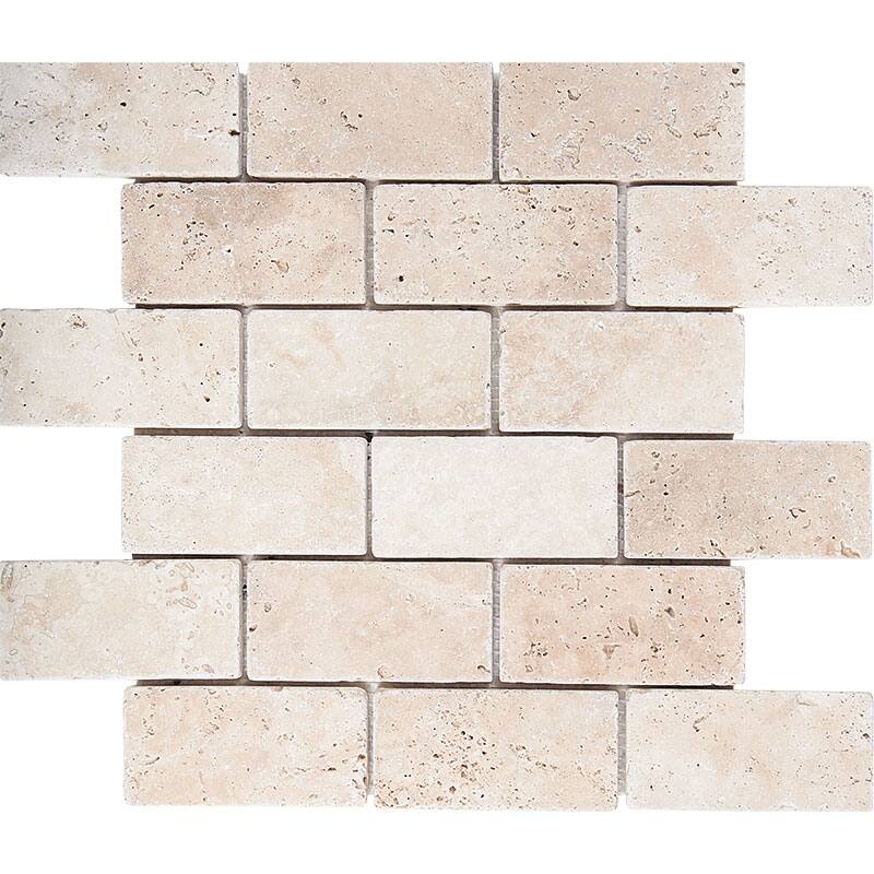 Ivory Travertine 2" x 4" Brick Tumbled Mosaic Tile