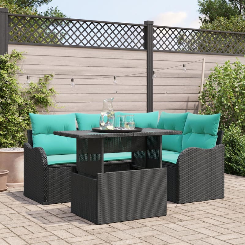vidaXL 5 Garden Sofa Set with Cushions Black/Brown/Grey Poly Rattan - 69.9 x 48.2 x 27.2 - Black