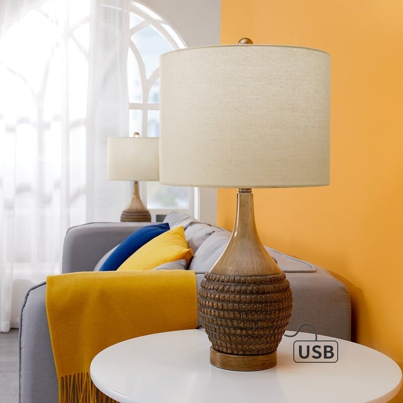 Maxax 24.75" Brown Table Lamp Set with USB (Set of 2) - Oatmeal