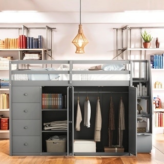 Full Size Wood Loft Bed with Built-In Wardrobes, Cabinets and Drawers, Full Size Bunk Bed