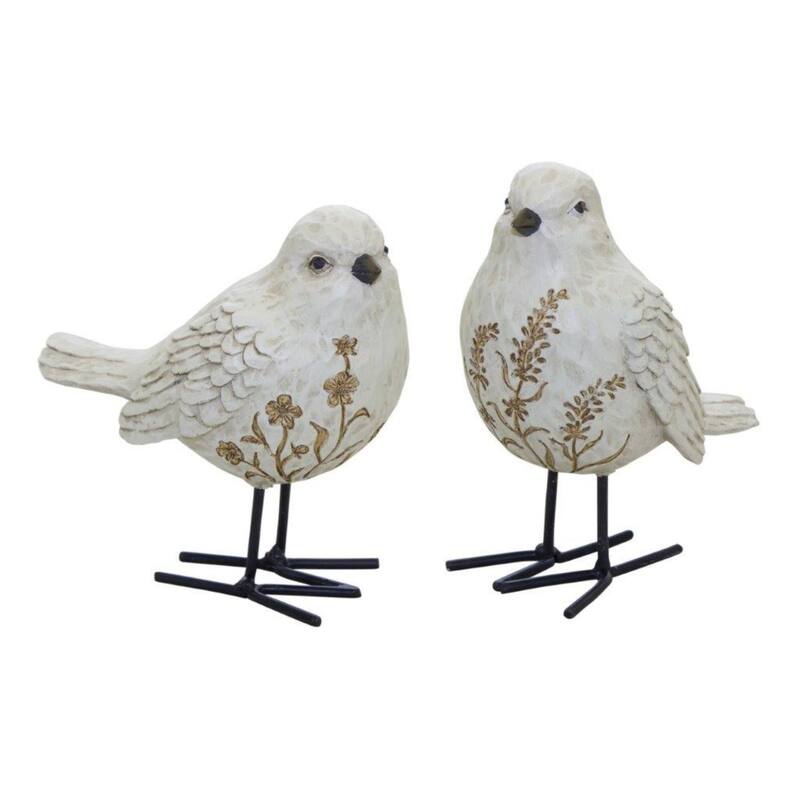 Set of 2 Carved Floral Bird Tabletop Figurines 5.25"