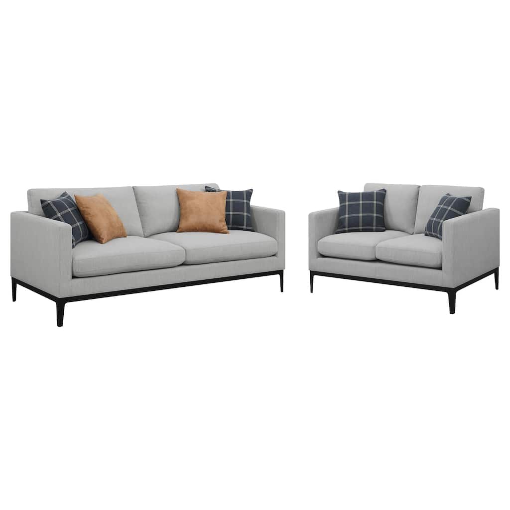 Azzy 2pc Sofa and Loveseat Set, Modern Track Arms, Light Gray Fabric