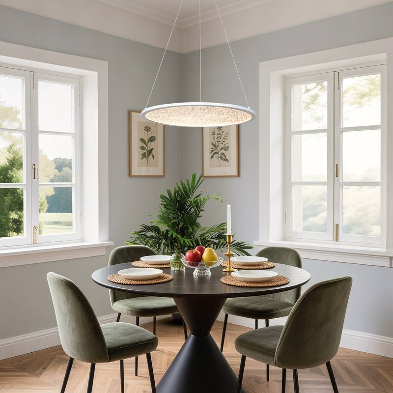 Modern 1-Light White Round LED Chandelier Minimalist Pendant Lights for Dining Room - 17.5" D x 61.5" H