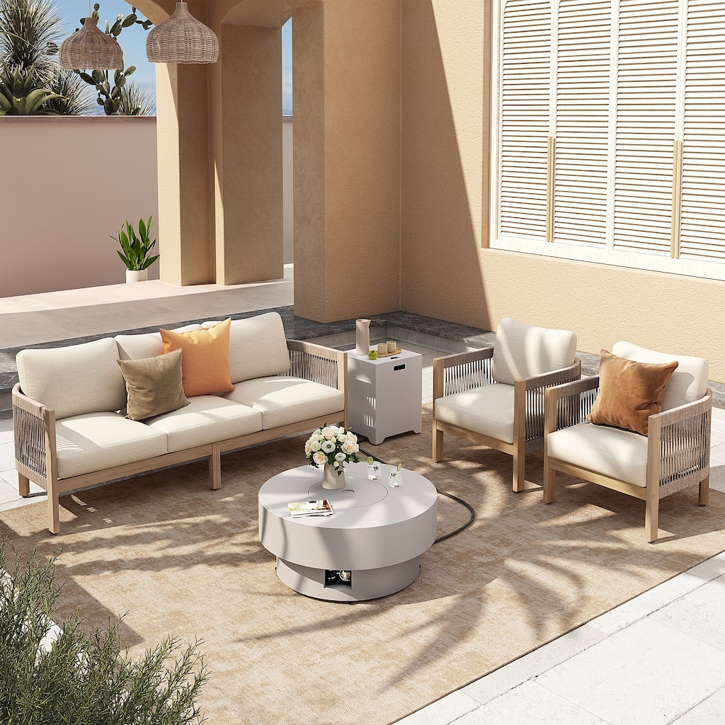 Outdoor 5-Piece Conversation Set with Fire Pit 3-Seater Sofa and Arm Chair