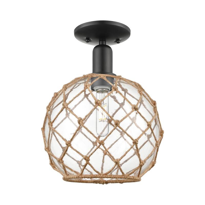 Innovations Lighting 716-1C-14-10 Farmhouse Rope Semi-Flush Farmhouse - Matte Black / Clear Glass with Brown Rope