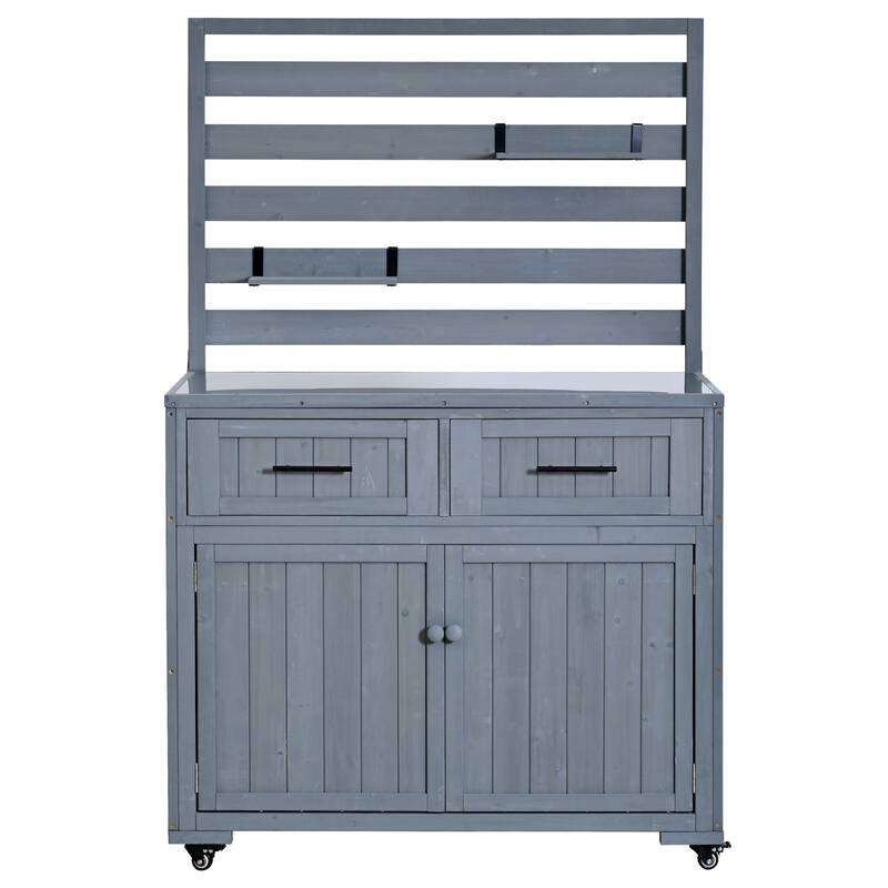 Solid Wood 64.9''Tall Outdoor Kitchen Island Kitchen Cart, Garden Potting Bench with Stainless Table Top for BBQ