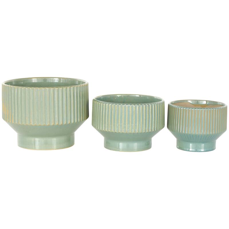 Ceramic Wide Indoor Outdoor Planter with Linear Grooves and Tapered Bases - Set of 3 Green, White, Cream - Roche River Decor