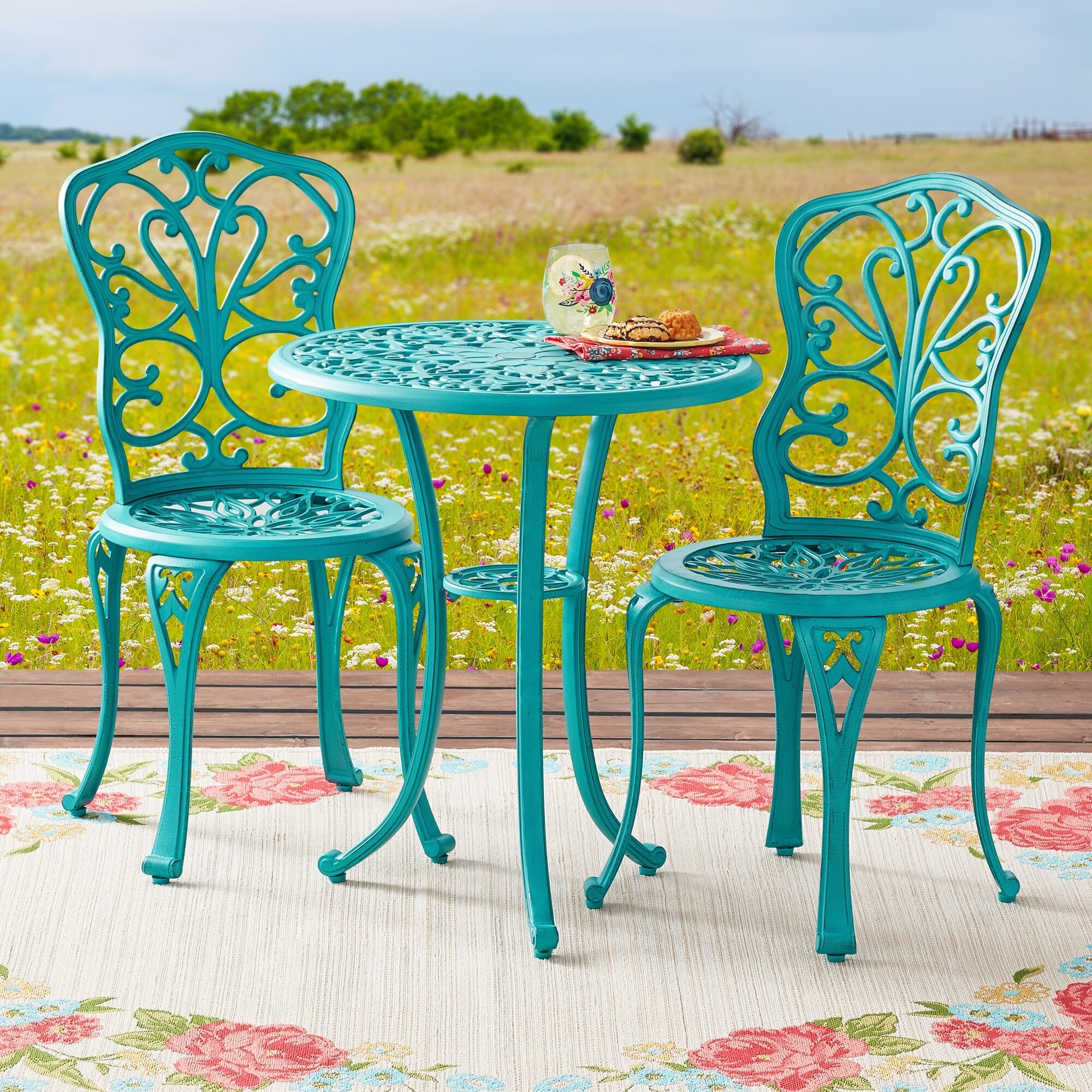 Goldie 3-Piece Cast Aluminum Garden Bistro Set, Teal - Bed Bath