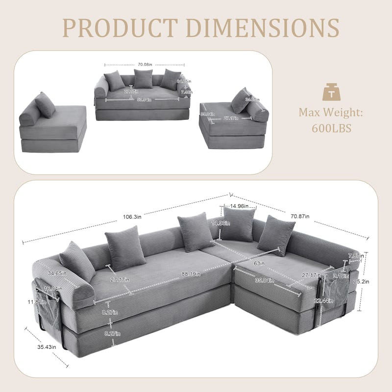HOMEFUN Corduroy Upholstered Convertible Folding Sofa Bed with Fixed Frame and Pillow Back Handrail