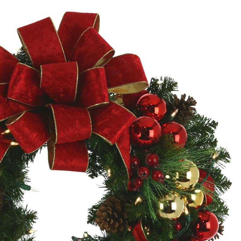 26 in Evergreen Holiday Wreath with Berries, Ornaments, Bows and Lights - Red, Green, Gold - 26Hx26Wx9D