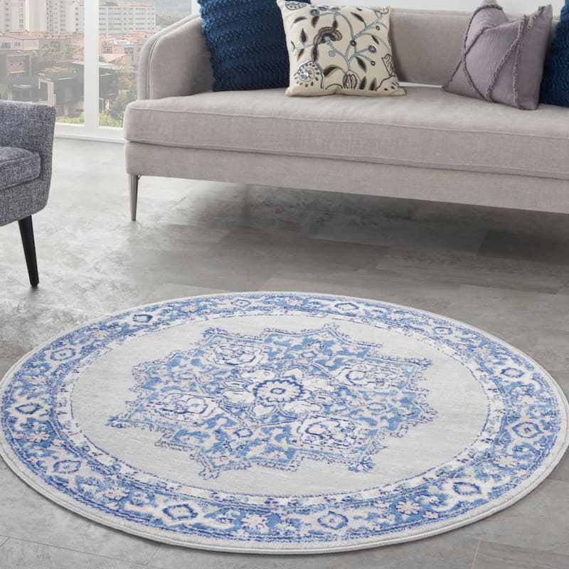 Nourison Whimsicle Modern Persian Floral Medallion Area Rug - 8' Round - Grey Blue - Runner/Round