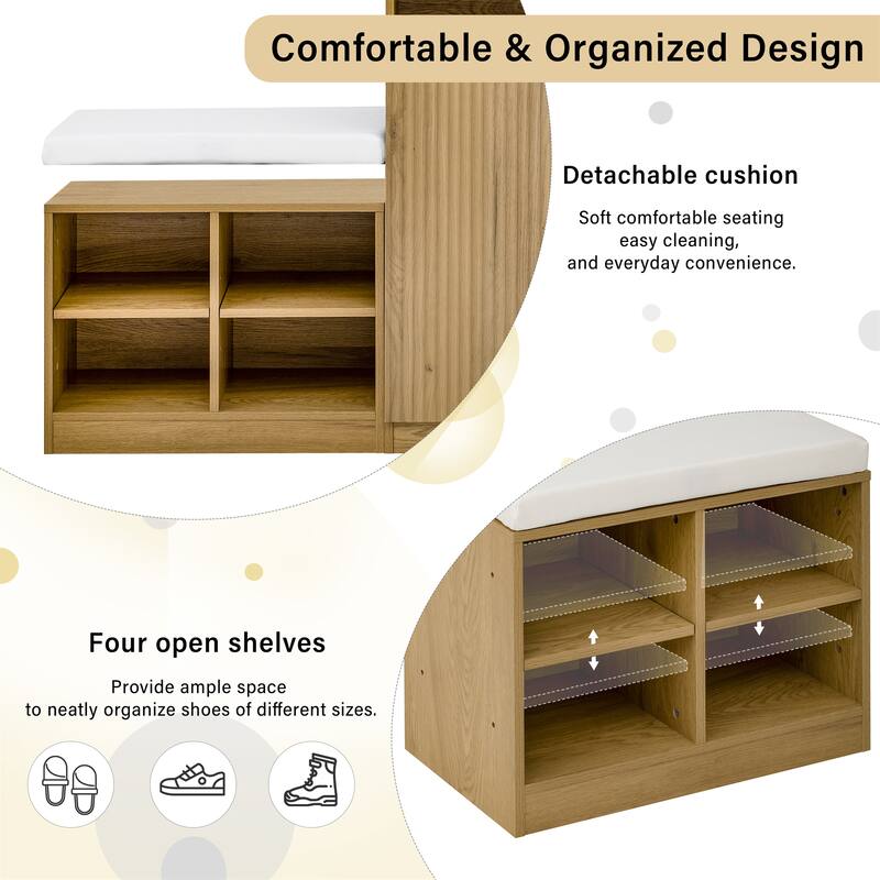 Storage Cabinet w/ Shoe Bench, 3-Tier Adjustable Shelves, 4 Open Shoe Racks & Removeble Cushion
