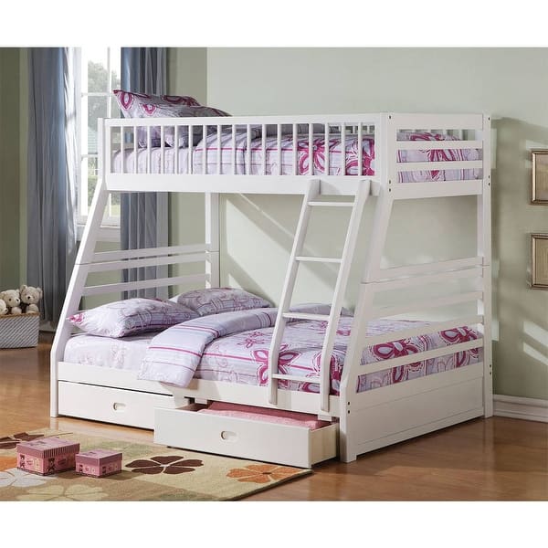 slide 2 of 10, Twin over Full Solid Wood Bunk Bed with Ladder and Fence White