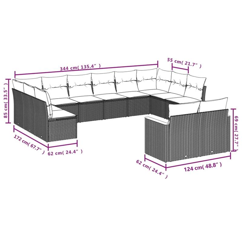 vidaXL Patio Sofa Set with Cushions Outdoor Conversation Furniture Poly Rattan - 24.4 x 24.4 x 27.2 in
