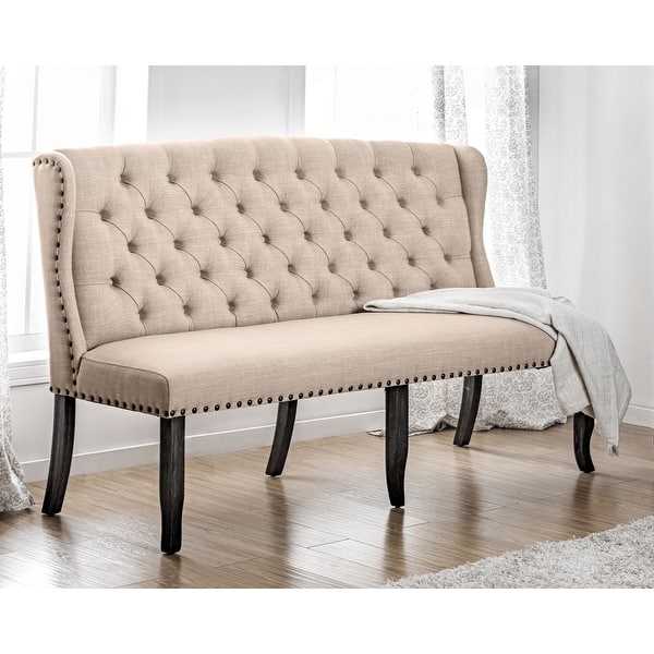 slide 2 of 12, Furniture of America Tays Linen Tufted Fabric Wingback Loveseat Bench Beige