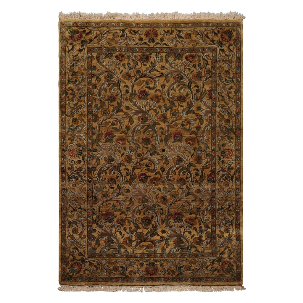 Agra Traditional Botanical Plush Pile Gold Wash Silky Sheen 5'11''x9 Hand Knotted New Zealand Wool Gold Rug - 5' 11'' x 9'