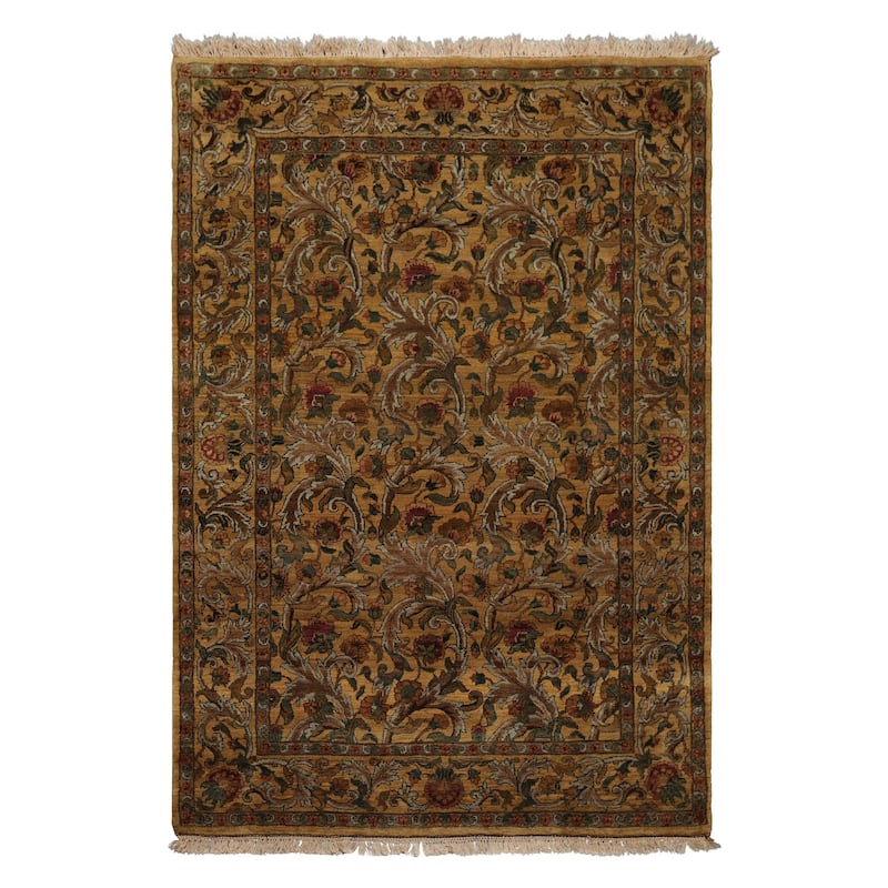 Agra Traditional Botanical Plush Pile Gold Wash Silky Sheen 5'11''x9 Hand Knotted New Zealand Wool Gold Rug - 5' 11'' x 9' - 5' 11'' x 9'