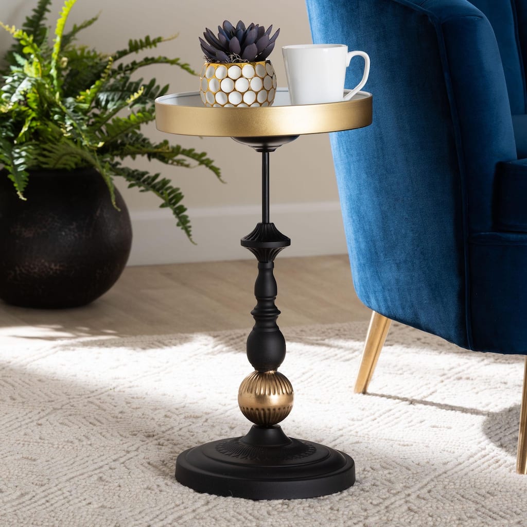 Javion Modern Glam Round Accent Side Table - Black & Gold Metal End Table with Tray Top for Indoor or Semi-Outdoor Use