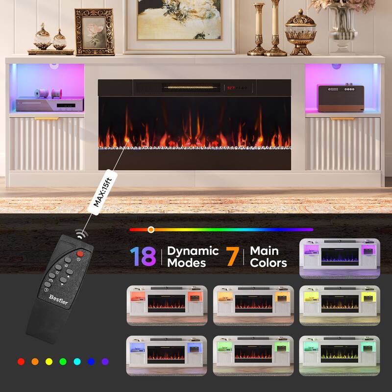 Bestier 71 in. Fluted Glossy White TV Stand with Electric Fireplace Fits TV Up to 75 in. Entertainment Center with Cabinet