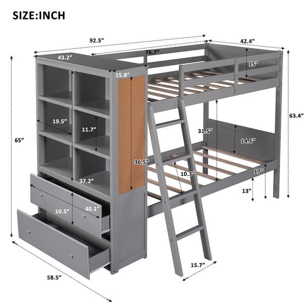 Twin Over Twin Bunk Bed and Storage Cabinet with Shelves and Drawers ...