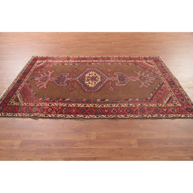 Brown Geometric Hamedan Vintage Persian Area Rug Handmade Wool Carpet - 4'6"x 7'1"