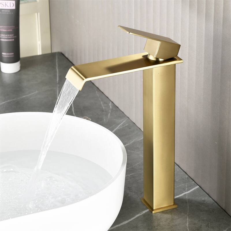 Waterfall Single Handle Bathroom Vessel Sink Faucet with Pop-up Drain 304 Stainless Steel 1 Hole High Tall Basin Vanity Faucets