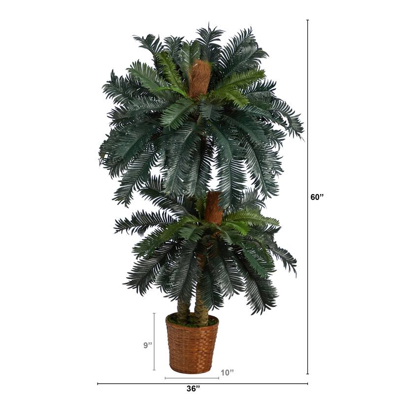 Artificial Sago Palm Tree Set - 5ft & 3ft Indoor Tropical Plants with Basket - Green - 41-50 Inches