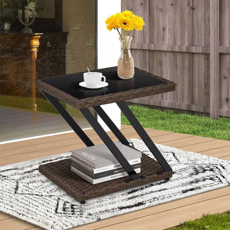 Modern Small Rattan Coffee Table Z-Shaped End Table for Living Room - Bown - Glass