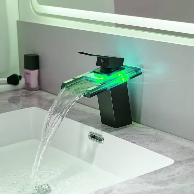Single Handle Glass LED Waterfall Bathroom Sink Faucet - 7-in H