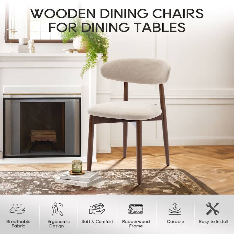 Set of 2 Wooden Dining Chairs, Fabric Upholstered, Beige