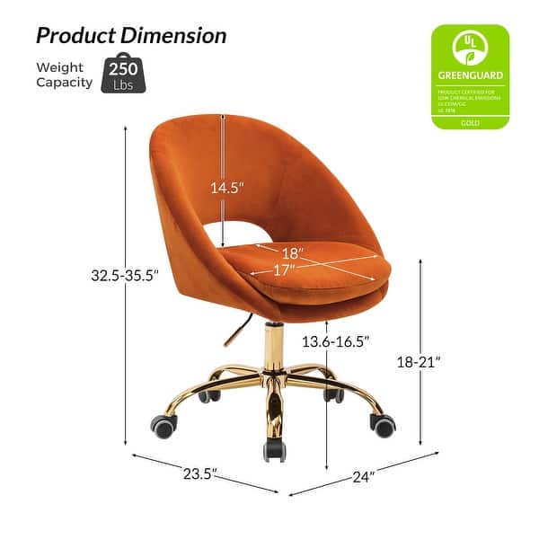 dimension image slide 8 of 18, HULALA HOME Ramona Modern Velvet Height Adjustable 360 Swivel Task Chair with Metal Base