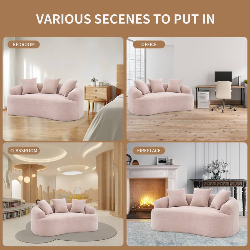 Chenille Curved Loveseat Sofa, Full Compression Sponge Sofa with 3 Pillow